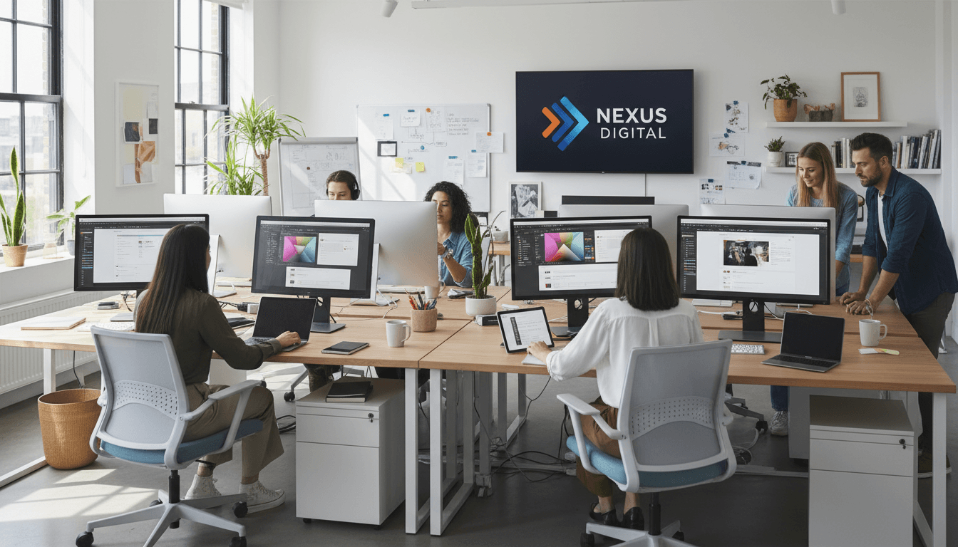 Professional designer and developer collaborating at modern office workspace with focus on digital solutions