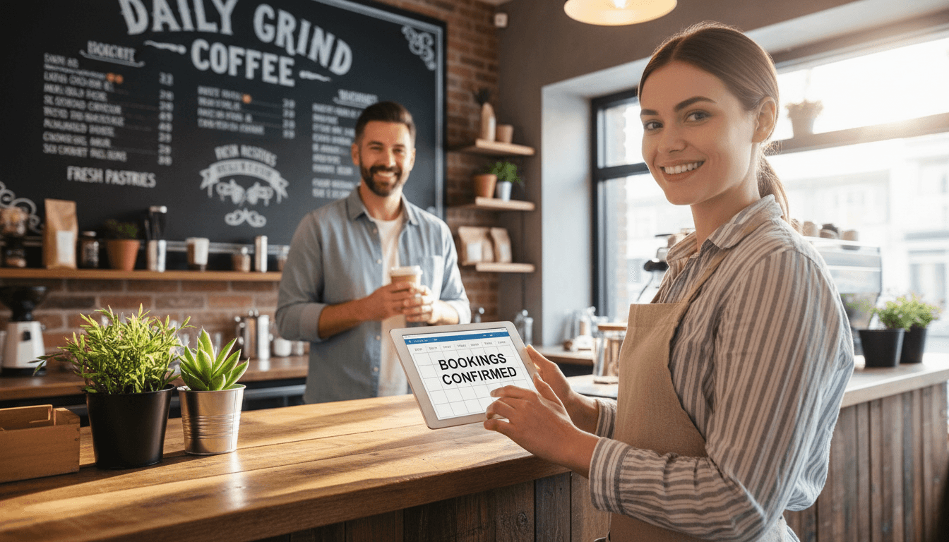 small business owner using tablet to check online bookings with satisfied customer in background at shop counter